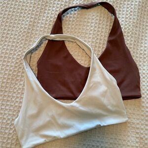 Solid Brown and White Halter Neck Sports Bras Like New Size Medium